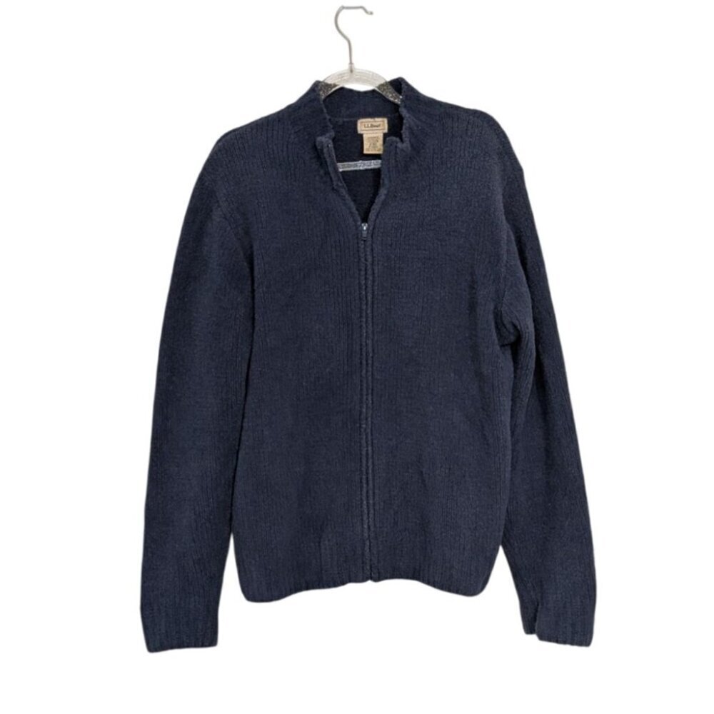 LL Bean Chenille Zip Sweater Womens Size Medium Blue Stretch Knit Minimalist